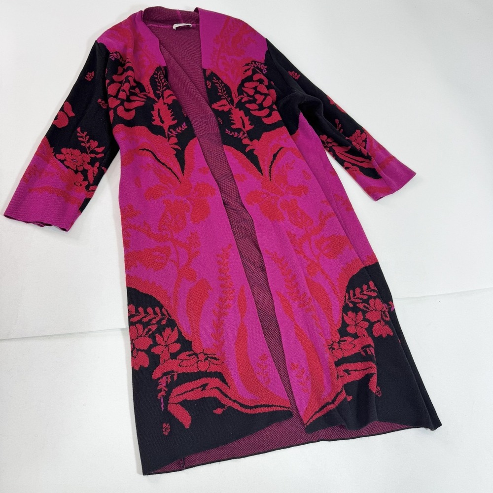 ESSITAM Cardigan‎ Sweater Womens Large Pink Floral Knit Open Front 3/4 Sleeve